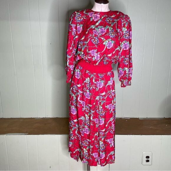 Vintage 80s Designer Diane Freis 100% Silk Beaded Plunge Floral‎ Midi Dress S M - Picture 6 of 12